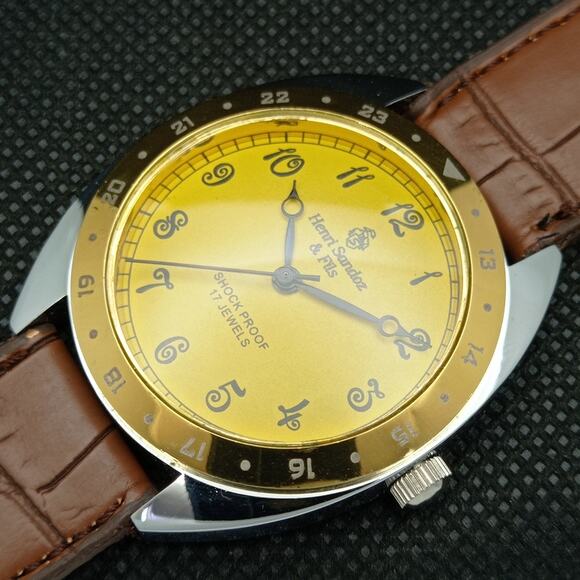 Vintage 1980 Henri Sandoz Manual Mens Silver Watch W/Leather Strap & Gold accent - Picture 6 of 8